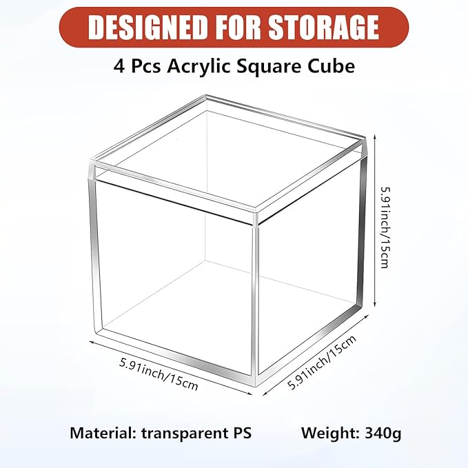 4 Pcs Clear Small Acrylic Box Plastic Acrylic Square Cube with Lid, 5.91×5.91×5.91 inches Gifts Box Storage Containers Display Box for Cosmetics, Jewelry, Party Favors, Makeup, and Tiny Item