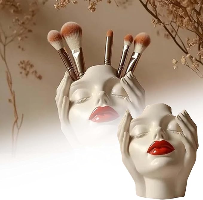 Women's Head Shape Boho Feminist Decoration Body Vase Head Vase Vintage Makeup Brush Holder Boho Makeup Organizer Rotating Makeup Organizer Idealized for Home Decor (A)