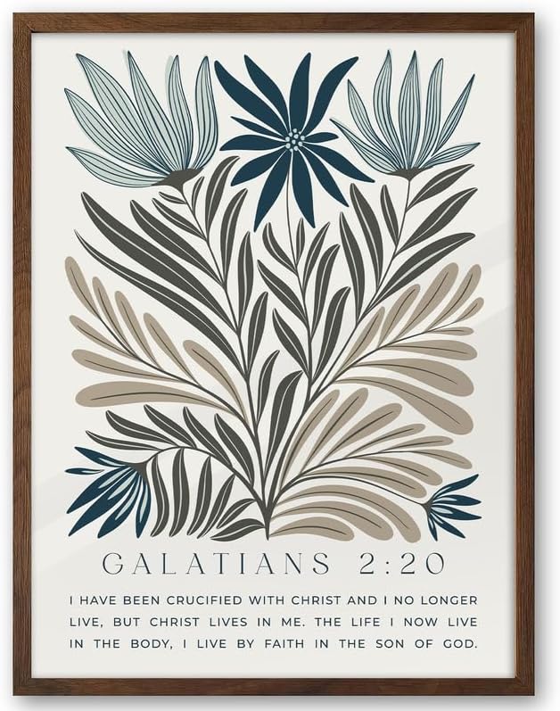 EcoHest Christian Bible Verse Floral Framed Wall Art, 12x16 in Walnut Color OAK Wood Boho Abstract Flowers Canvas Wall Art, Galatians 2:20 Home Decor, Beige Logs Christ 1pack for Bedroom Living Room