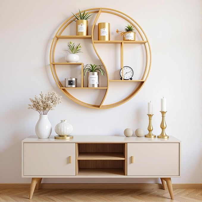 Round Wall Shelf,24 inch Metal Circle Shelf Wood Floating Shelves,Rustic Gold Wall Mounted Display Organizer Shelf for Fireplace,Living Room,Bathroom