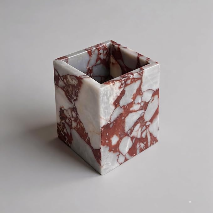 Natural Marble Stone Square Storage Container Empty Vessel Holder Cup for Candle/Pens/Sundries items (Calacatta Red)