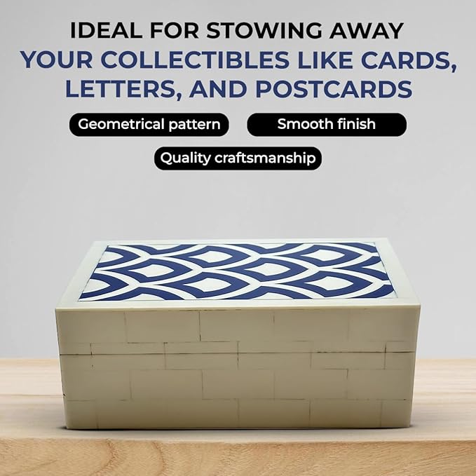 Perilla Home ﻿Home Decor Decorative Storage Wooden Box Small Rectangle Irusu Organizer Tool Stash Card Craft Book Treasure Trinket Memory Keepsake Jewelry Box Gifts For All Blue and Off White