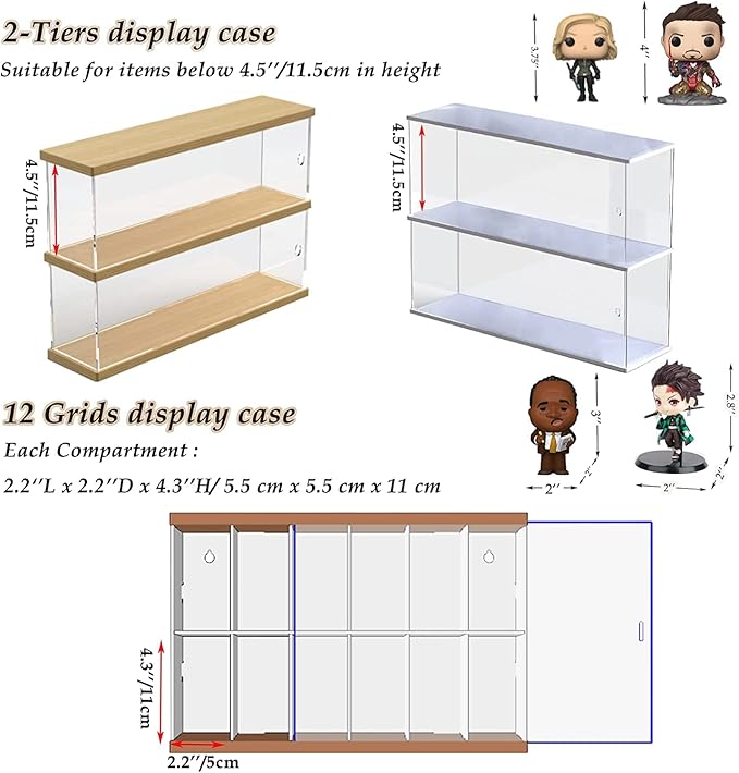 Clear Acrylic Display Shelf Case for Mini Funko Pop, Wooden Display Stand Riser 2 Layer Storage Rack for POP MART The Monsters Lazy Yoga Action Figures Collectibles Toys, 15.55" W x 3.78" D x 10.8" H