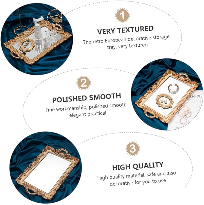 GARVALON Retro Mirror Plate Makeup Tray Gold Rectangular Cosmetic Storage Organizer Decorative European Vintage Perfume Display Tray for Vanity and Photo Props