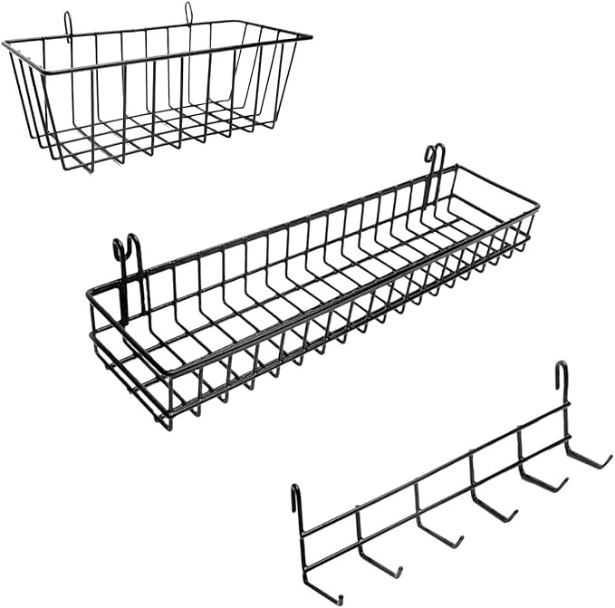 ODOXIA Hanging Baskets & Hooks Rack | Wall Grid Accessories for Wire Wall Grid Panel | Grid Panel Accessories | Wire Wall Baskets & Hanging Hooks