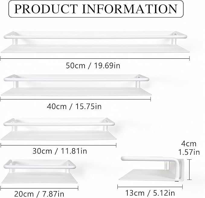 RFOUO Metal Wall Shelf, Metal Floating Shelf, Black Floating Shelf, Small Shelf for Wall, Display Shelves for Bathroom Bedroom Kitchen (White, 16Inch)