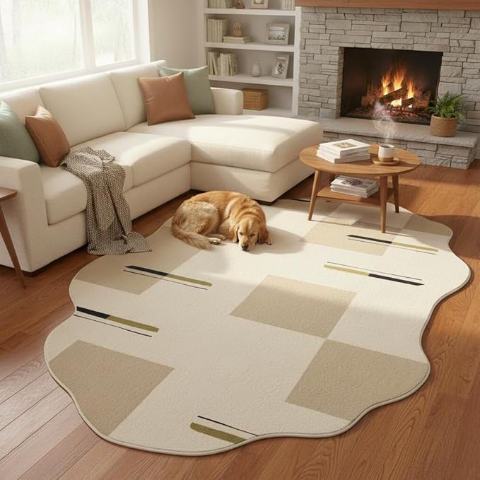 Modern Irregular Shaped Area Rug Cream Beige Abstract Shaped Rug for Living Room Bedroom Diningroom Non Slip Washable Unique Designer Rug Minimalist Boho Meetingroom Home Office Foldable Carpet 10x16
