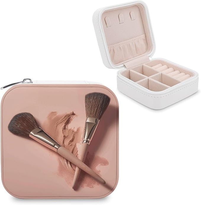 Two Makeup Brushes Jewelry Box Portable Mini Travel Case Display Storage Holder Boxes PU Leather Small Jewelry Organizer for Women for Stud Earrings Rings Necklaces Bracelets
