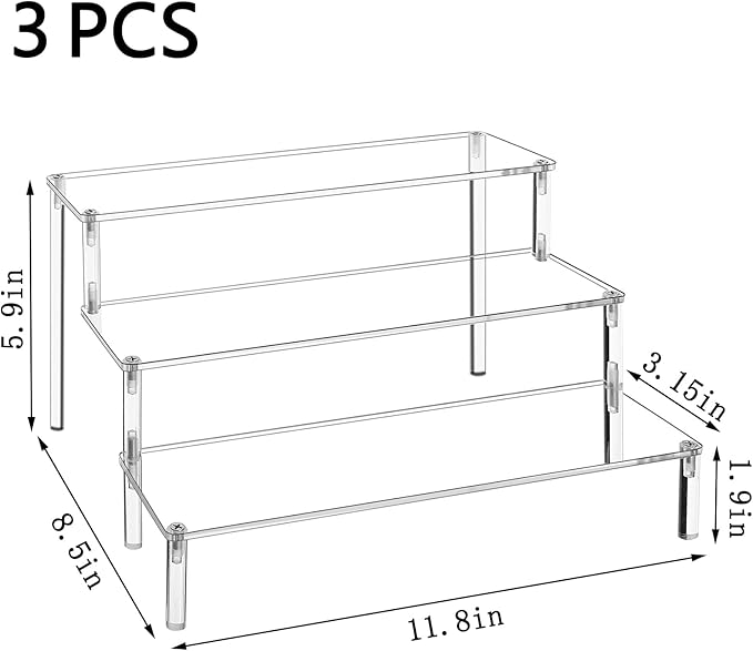 Acrylic Display Stand Risers, 3 Tier Perfume Stand Organizer, Clear Cupcake Stand Holder, Large Shelf Risers for Figures, Display Shelf for Collectibles, Dessert Shelves for Decoration and Organizer, Tabletop Use (3PACK 3-layer transparent)