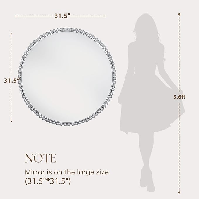 Uniclinens Beaded Round Wall Mirror 31.5" - Large Vintage Mirror Wall Decor with Metal Frame, Ideal for Entryway, Fireplace, Living Room, Hallway, Bathroom, Silver