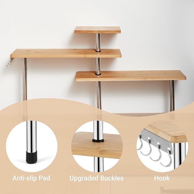 HYNAWIN 3-Tier Corner Shelf, Bamboo & Metal Storage Rack with Hooks, Adjustable Countertop Organizer for Kitchen, Bathroom, Bedroom or Office