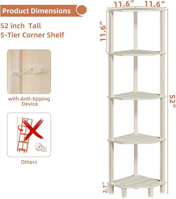 YUFAM 5-Tier Corner Shelf with Sturdy 5-Leg Base, 52in Tall Narrow Bookcase for Small Spaces, Wooden Plant Display Shelf, Thin Bookshelf for Living Room, Bedroom, Office, Grey White