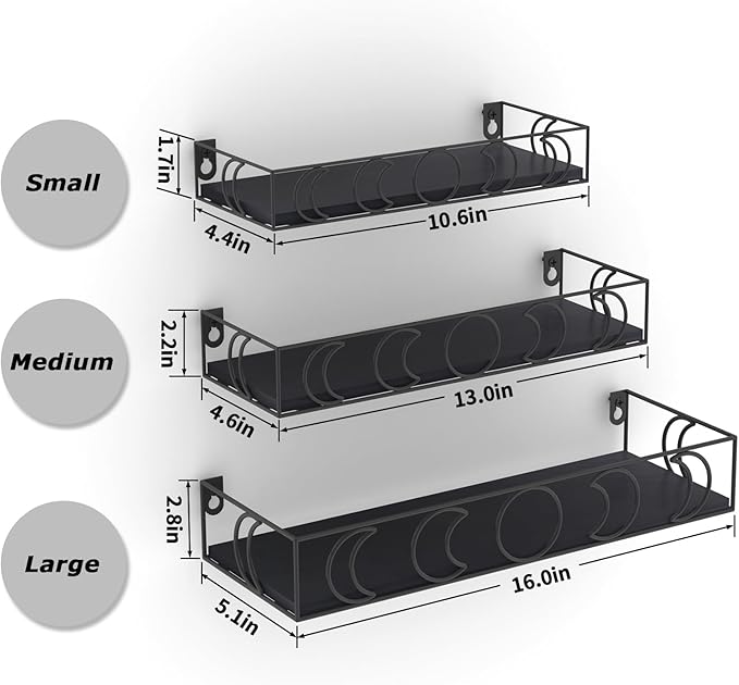 PHAREGE Moon Phase Floating Shelves Black, Set of 3 Small Decorative Wall Shelves for Book Plant Storage, Crystal Figurine Collectibles Display Shelf for Bedroom Kid Room