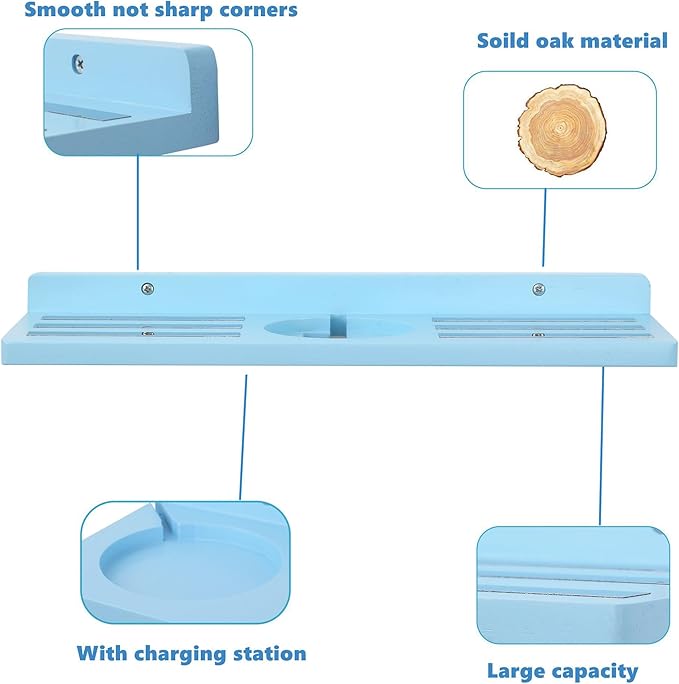 For Tonies Figures Shelf Magnetic,for Tonie Box Wall Shelves,for Tonies Characters Organizer Audio Toy Storage (Holds 36 Figurines),Compatible Charging Station for Children Kid's Room,Oak Wood,Blue