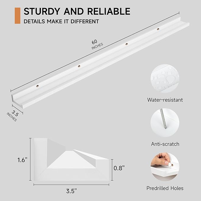 Fun Memories Picture Ledge Shelf, 60 Inch Floating Shelves Set of 2, Large Nursery Book Shelves for Toys Storage, Kids Bookshelf Wall Mounted for Wall Decor Books Photo Frames, White