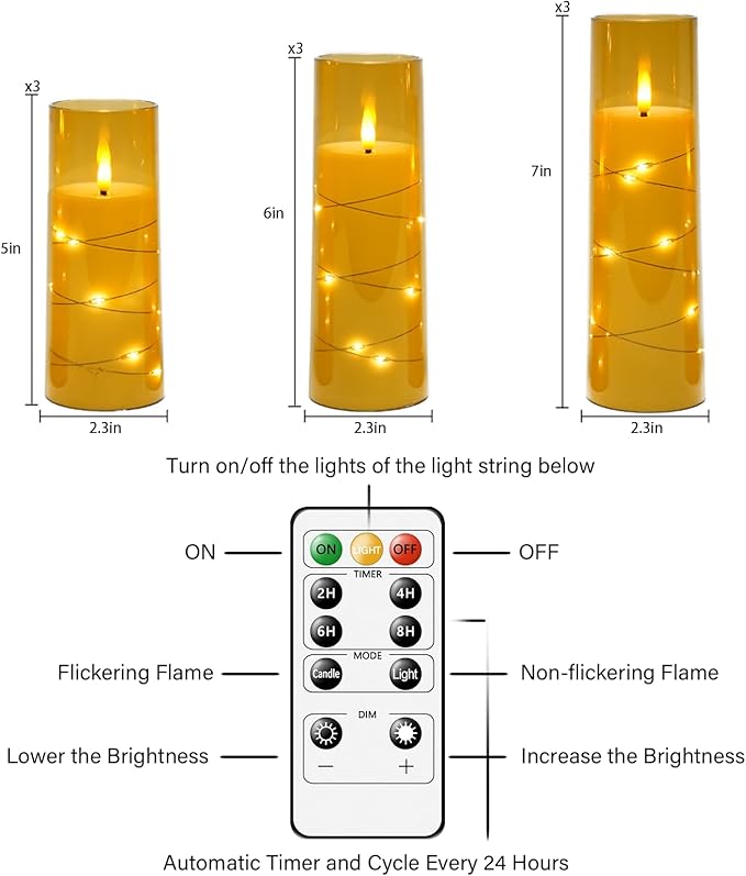 kakoya Flameless LED Candles with Timer 9 Pc Flickering Flameless Candles for Romantic Ambiance and Home Decoration Stable Acrylic Shell,with Embedded Star String，Battery Operated Candles（Gold）
