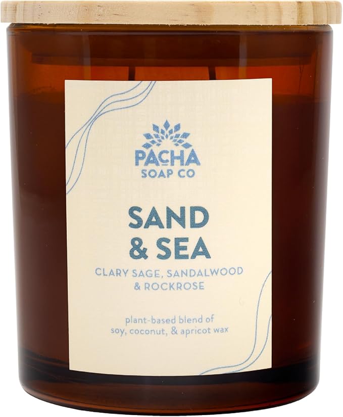 PACHA SOAP Co. Sand & Sea Candle, 7 oz - Scents of Clary Sage, Sandalwood and Rockrose - Clean Burning, Soy, Coconut & Apricot Wax, Lead-Free Wick, Cruelty-Free, Recyclable