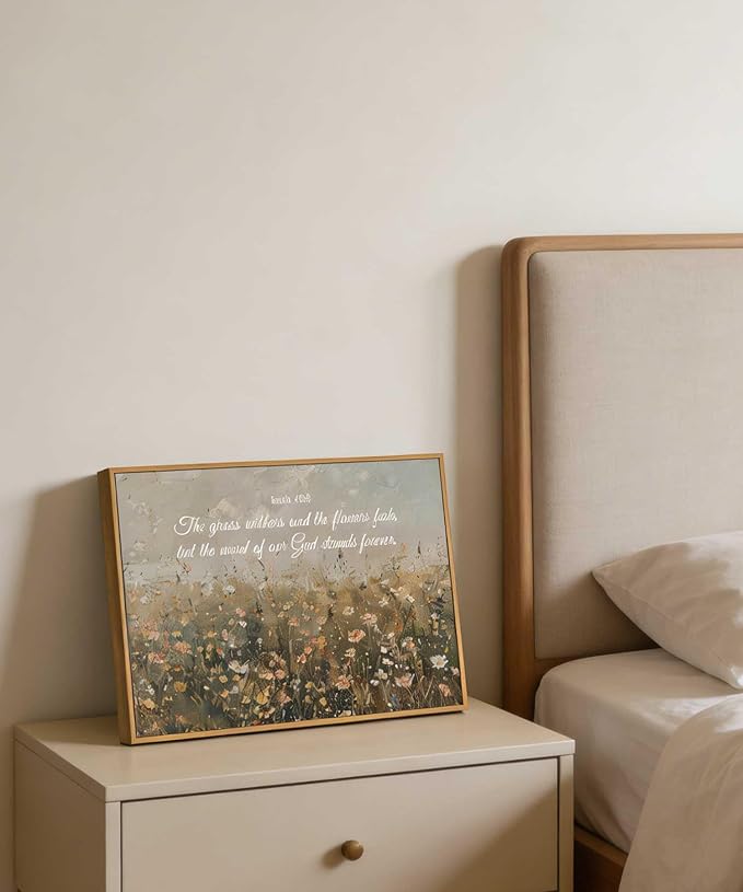 Framed Christian Floral Scripture Canvas Wall Art Wildflower Meadow Bible Verse Wall Decor Picture Isaiah Religious Faith Art Poster Print for Living Room Bedroom Decoration 8x10in