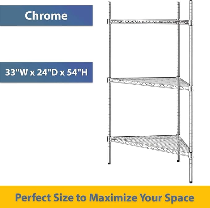 33" W x 24" D x 54" H NSF Chrome Triangle Heavy Duty Corner Shelving Kit, 3-Shelf Adjustable Wire Rack