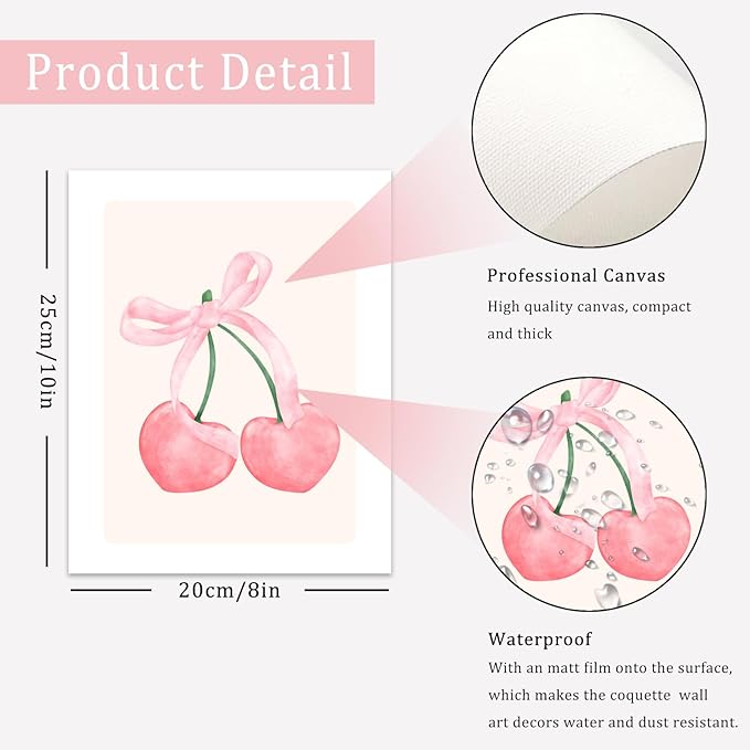 Uniro Coquette Room Decor Pink, Trendy Bows Wall Art Posters for Girls Dorm Bedroom Decor, Cute Coquette Posters, Coquette Wall Decor, Preppy Room Decor Aesthetic, Girly Wall Art Prints Ball Cherry Bow Room Decor for Apartment Decor- 8x10Inch|UNFRAMED