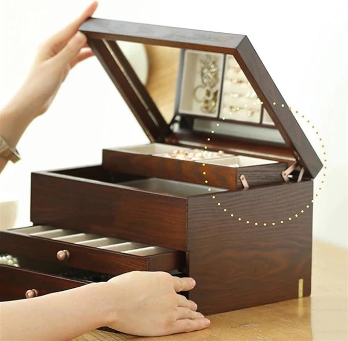 Ring Box Jewelry Storage Box Makeup Organizer Solid Wood Necklace Storage Rack Large Capacity Jewelry Box With Mirror Gift Ring Boxes For Jewellery