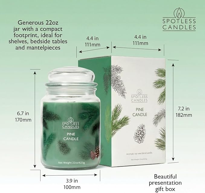 Pine Candle 22oz - Large Forest Aromatherapy Soy Blend Candle with Crackling Wooden Wick, 85 Hour Burn - Luxury Gift Box for Home Decor & Relaxation by Spotless Leopard