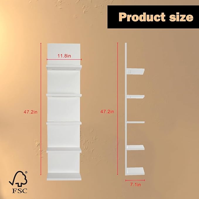 Homaterial 5 Tier Wall Shelf with Light, White Modern Vertical Lack Wall Shelves, Wall Mount, Floating Column Home Decor Shelves for Bedroom, Living Room, Vanity Storage Display