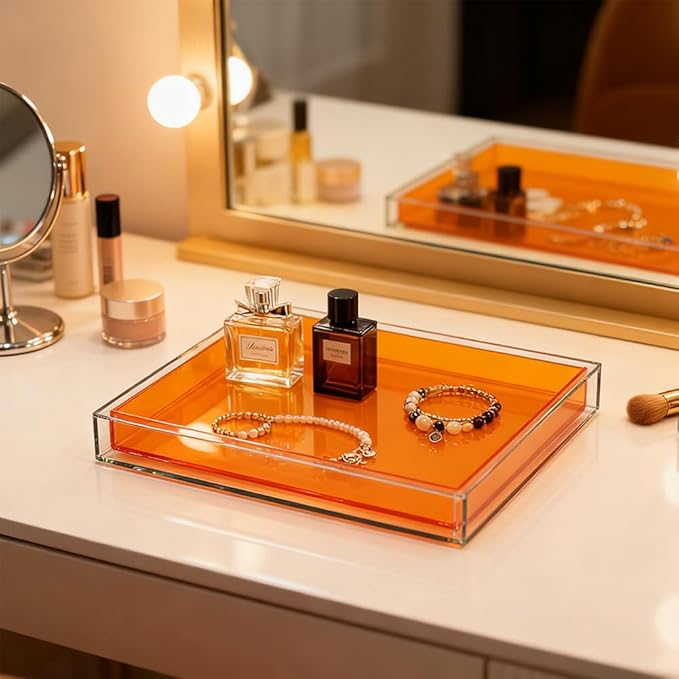 Creative Acrylic Decorative Tray, 10"x10" Modern Decorative Trays Jewelry Perfume Makeup Organizer Clear Square Bathroom Sink Vanity Tray for Bathroom, Vanity, Serving, Coffee Table, Living Room