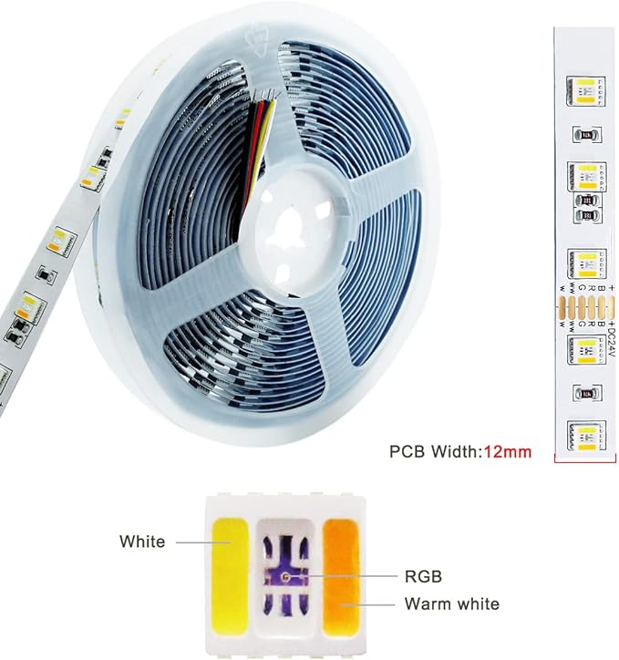 24V 5 in 1 LED Strip Lights RGB + CCT, RGB + White + Warm White (2800K to 6500K) RGBCW 5M Mixed Colour Adjustable Light Strips IP20 300 LEDs for Bedroom, Kitchen, Advertising Decoration