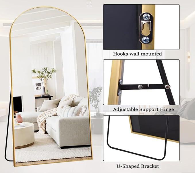 Rowjut Floor Full Length Mirror, Arched Mirrors Full Length 81"x41" Freestanding Large/with Aluminum Frame & Wall Mounted & Hanging or Leaning & Full Body Mirror for Bedroom, (Gold)