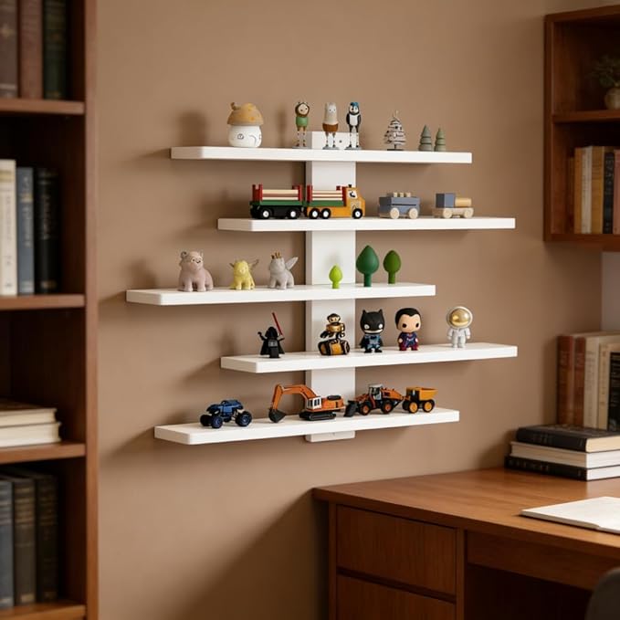 5-Tier Floating Wall Mounted Shelves, Wall Display Storage Shelf for Anime Figurines, Dolls, Plants & Statues, Decorative Organizer for Bedroom, Living Room, Study Room,Office（White）