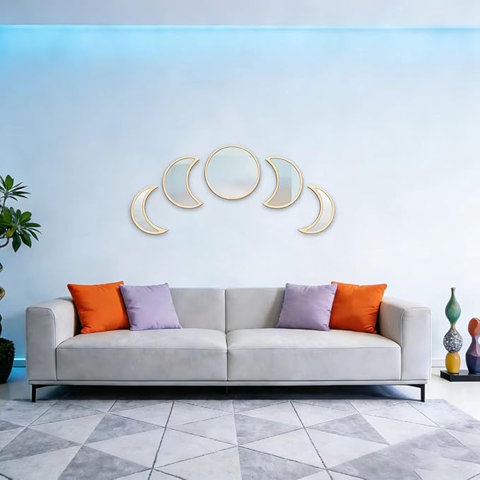 5-Piece Set of Moon Phase Mirror Decorations in Nordic Style, Acrylic Mirror paired with Wooden Combination, Bohemian Style Living Room Bedroom Home Decoration, Beige (Beige)