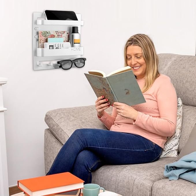 Bedside Shelf Wall Mount and Wall Nightstand for Bedroom,Adhesive Nightstand Wallshelf with 5 Hooks,Wall Mount Shelf Organizer for Charging Station and Remote Control Holder(White)