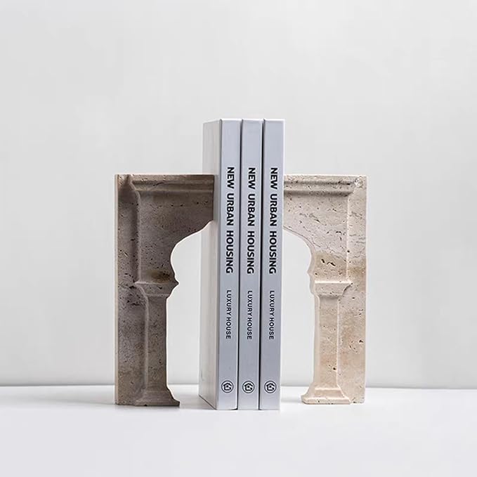 Set of 2 Piece Modern Travertine Bookend, Arc de Triomphe Design, Natural Stone Book Holders for Desk and Shelf (2 pcs 1 Set -Arc de Triomphe)