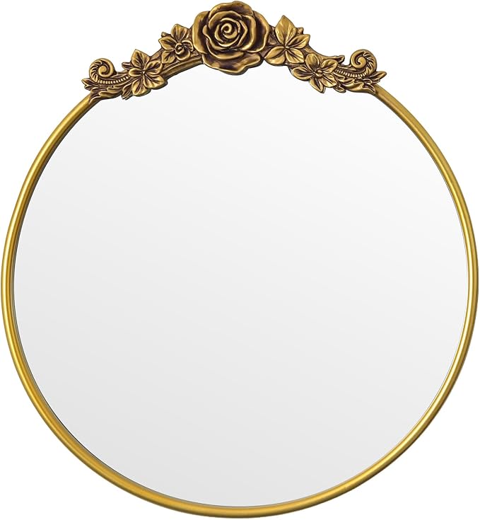 Vintage Baroque Round Wall Mirror 20" Circle Ornate Gold Mirror for Bathroom Antique Carved Frame Accent Mirror for Living Room Bedroom Entryway Vanity