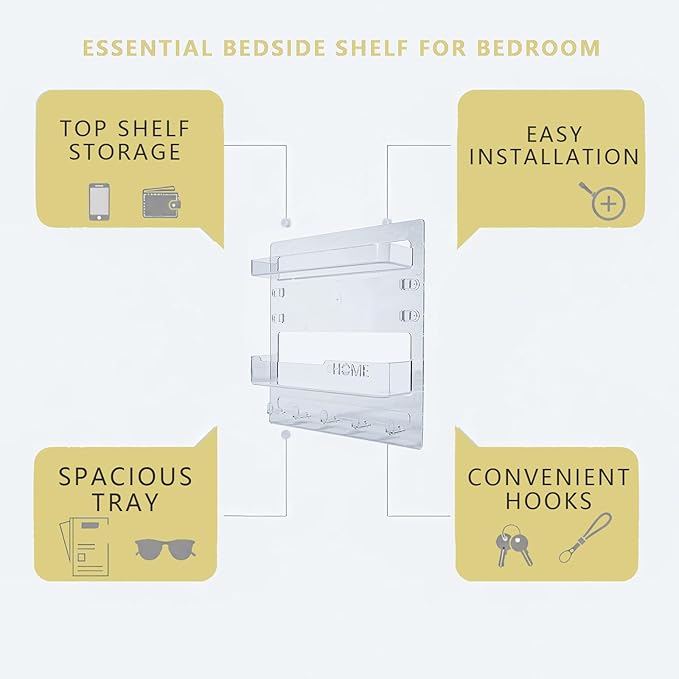 Bedside Shelf with Nanotape, No Drill Wall Mounted Organizer for Phone & Remote, Floating Charging Shelf for Dorm, Apartment, RV, Small Space Bedroom Decor for College Girl,Clear