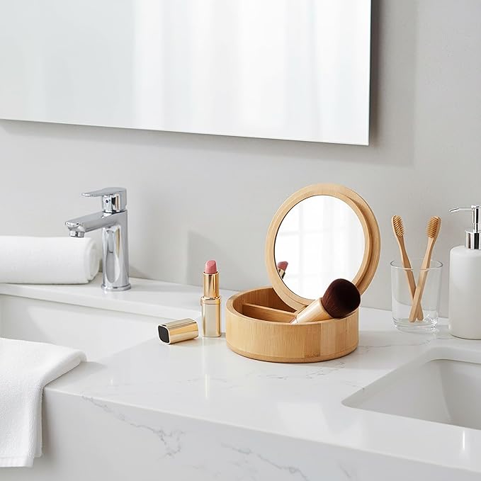 EVIDECO French Home Goods Round Bamboo Box with Mirror Lid - 3-Compartment Organizer for Jewelry, Makeup & Small Accessories - Compact 5.25-Inch Design for Bathroom, Vanity or Dresser