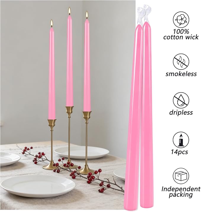 Howemon 14 Pack Pink Taper Candles 12 Inch Tall 3/4 Inch Thick Burn 10 Hours