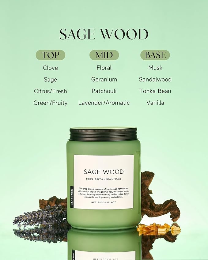 M&SENSE Sage Wood Scented Candles for Home, 19.4oz All Natural Soy Wax, 110 Hours Long Lasting, Clean Non Toxic Candle, Fresh Smelling for Relaxation Stress Relief, Fragrance Gifts for Men Women