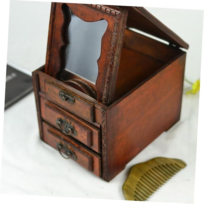 OUNONA Vintage Chinese Jewelry Box with Mirror Multi Functional Jewelry Storage Organizer for Makeup and Accessories Dustproof Wooden Case Ethnic Style Vanity Decor Gift