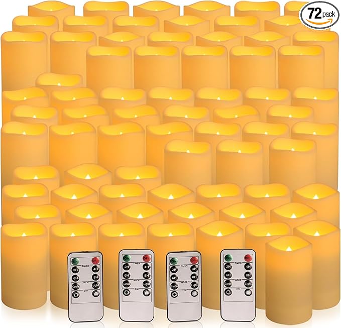 YOROXRG Set of 72 Waterproof Outdoor Flameless Candles, LED Candles with 4 Remote and Timer,(H 4" 5" 6" x D 2.2"),for Halloween Wedding Festiv