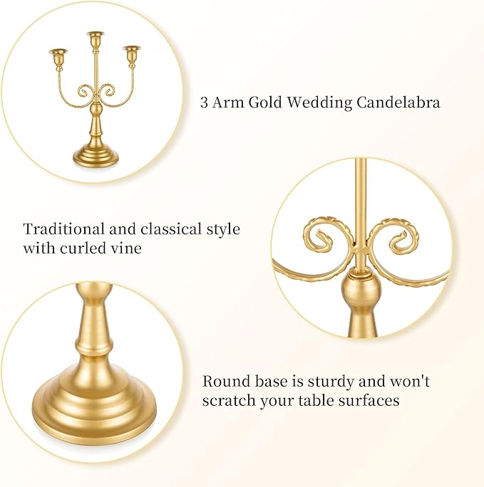 Romadedi Candelabra Gold Candle Holders - 3 Arm 11.8" Wedding Candlestick Holder for Theme Party Table Centerpiece Decor Dining Room Birthday Holiday Christmas, Set of 6