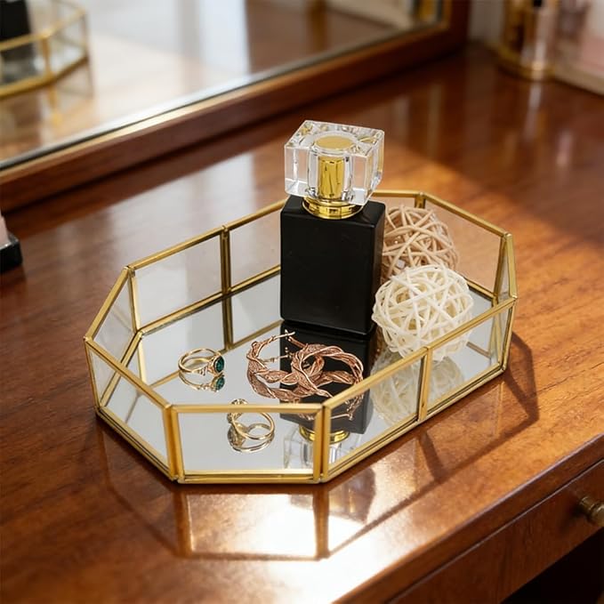 Mirror Glass Vanity Tray, Octagonal Gold Ornate Makeup Perfume Tray, Vintage Style Jewelry and Trinket Organizer for Dresser, Bathroom Storage Decor