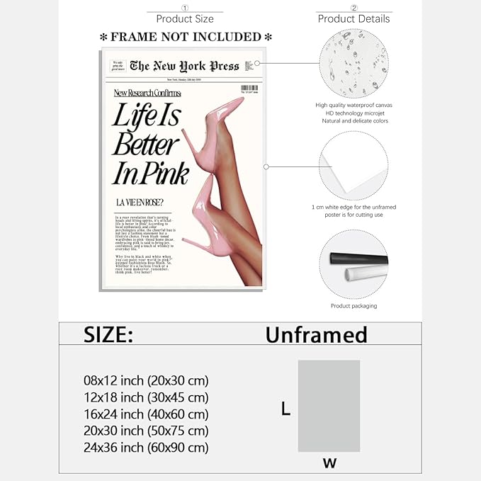 Trendy Baby Pink Poster 70s Canvas Prints The New York Press Wall Art Life Is Better in Pink Hot Girl Posters Preppy Aesthetic Decor Bedroom for Cool Girly Room Home Dorm 24x36inch Unframed