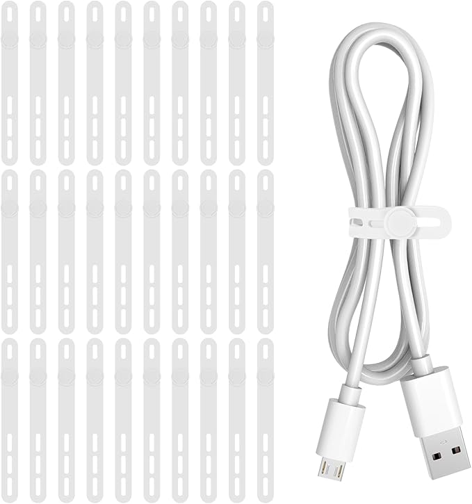 Donruby 30Pcs Silicone Cable Ties - Reusable & Washable with Adjustable Locking Buckles, High Elasticity Cable Management Straps for Home, Office, School, Travel Essential Cord Organizer (White)