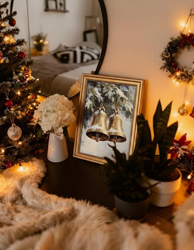 InSimSea Gold Framed Christmas Wall Art, Vintage Canvas Prints Decor, Jingle Bells Snow Paintings Wall Shelf Decor, Rustic Pictures for Winter Bedroom Holiday Decoration Gifts, 12x16inch