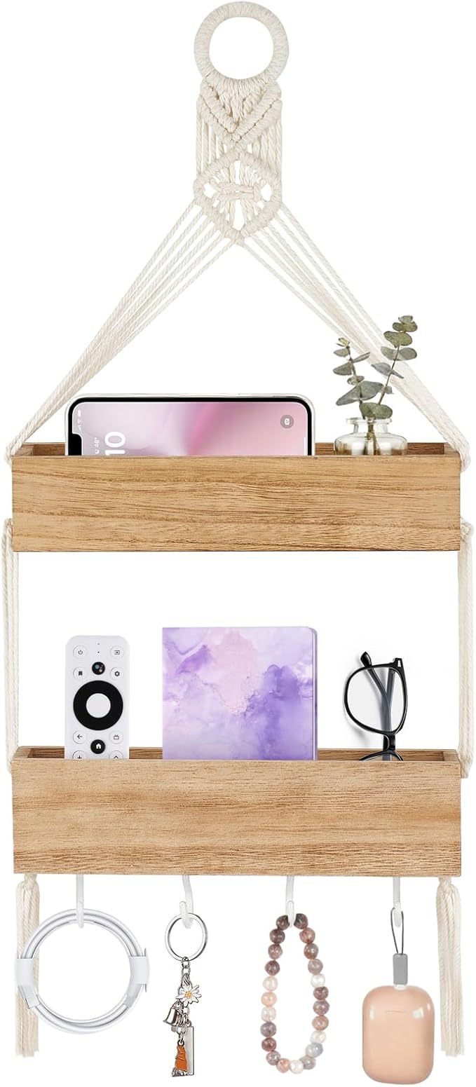 Mkono Macrame Hanging Shelf for Bedside Shelf Organizer with Hooks, Boho Wall Decor Cute Wood Floating Shelves for Girls Bedroom Dorm Nursery, Wall Storage for Phone, Remote, Accessories (Small)
