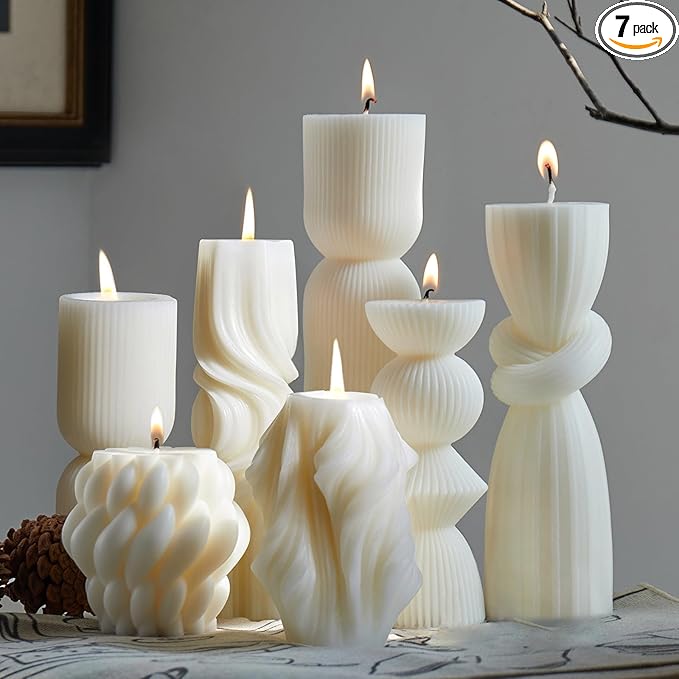 7-Pack Pillar Candles - Soy Wax Handmade Ribbed Candles for Home Decor, Housewarming Gift, Shelf & Table Decor - Aesthetic Modern Candles Set (White)
