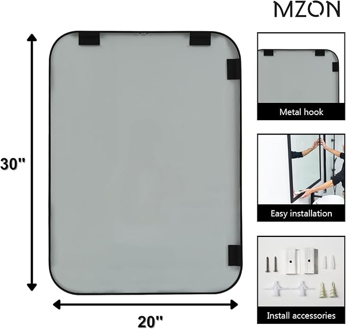 MZON 20x30 Inch Matte Black Bathroom Mirror, Rectangle Wall Mirror for Bathroom or Entryway, Anti-Rust Frame & Tempered Glass, Hangs Horizontally/Vertically - Space-Saving Minimalist Decor
