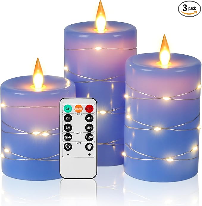 Da by Flameless Candles with String Lights，Battery Operated Candles,LED Flickering Candles with Remote Control and Timer, Real Wax, 3 Pack-Blue.
